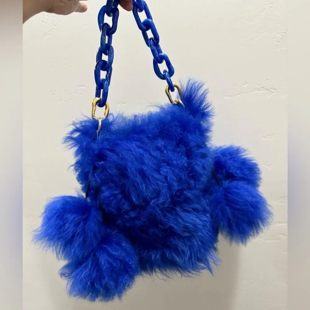 One of a kind! Unique Handmade Blue Real Curly Shearling Drawstring Bucket Bag